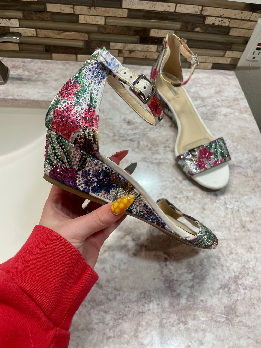 Alex Marie White Multicolor Crystal Floral Wedge Sandals
